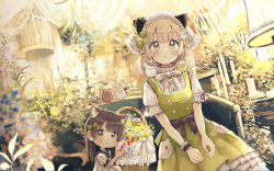 Rule 34 | 2girls, :o, absurdres, animal, animal ears, basket, bear, bird, birdcage, blue flower, blush, bow, brown eyes, brown hair, cage, cat ears, chick, closed mouth, commentary request, dress, flower, green dress, highres, long hair, looking at viewer, mini person, minigirl, multiple girls, original, parted lips, pink flower, rabbit, sakura oriko, shirt, short sleeves, sitting, sleeveless, sleeveless dress, white bow, white dress, white flower, white shirt, yellow flower