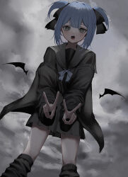 Rule 34 | 1girl, absurdres, black ribbon, black sailor collar, black serafuku, black skirt, black socks, blue bow, blue bowtie, blue eyes, blue hair, blush, bow, bowtie, commentary, detached wings, double v, feet out of frame, grey background, grey eyes, hair ribbon, highres, jacket, jacket partially removed, long sleeves, loose socks, open mouth, original, overcast, ribbon, sailor collar, school uniform, serafuku, sharp teeth, short hair, shou (mori boro), skirt, sky, socks, solo, symbol-only commentary, teeth, two side up, v, wings