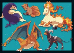 Rule 34 | 1other, :3, animal ears, animal feet, animal focus, arm support, blue background, blue border, blue eyes, border, brown sclera, charizard, claws, closed mouth, colored sclera, creatures (company), dragon, drop shadow, fang, fangs, fangs out, fire, flame-tipped tail, fox, from behind, full body, furry, game freak, gen 1 pokemon, gen 2 pokemon, half-closed eyes, hand up, highres, hisuian typhlosion, houndoom, kechon-san, leaning forward, legs apart, looking at viewer, looking back, looking to the side, lying, multiple tails, nintendo, on side, on stomach, open mouth, outside border, pokemon, pokemon (creature), purple fur, rapidash, red eyes, red hair, short hair, simple background, sitting, slit pupils, standing, tail, trait connection, two-tone fur, unicorn, vulpix, white eyes, yellow fur
