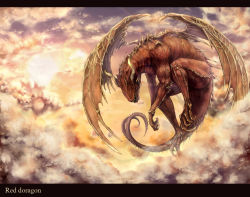 Rule 34 | akakatta, claws, cloud, dragon, flying, horns, no humans, outdoors, sky, solo, spikes, sun, tail, wings