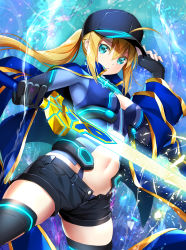 Rule 34 | 1girl, ahoge, artoria pendragon (all), artoria pendragon (fate), asymmetrical gloves, black gloves, black hat, black shorts, black thighhighs, blonde hair, blue eyes, breasts, cleavage, excalibur (fate/stay night), fate/grand order, fate (series), fingerless gloves, gloves, hair between eyes, hat, highres, holding, holding clothes, holding hat, holding sword, holding weapon, long hair, looking at viewer, medium breasts, midriff, mysterious heroine x (fate), mysterious heroine x (third ascension) (fate), navel, saber (fate), short shorts, shorts, solo, suishougensou, sword, thighhighs, uneven gloves, visor cap, weapon