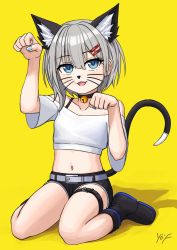 Rule 34 | :3, animal ear fluff, animal ears, ankle boots, arm up, artist name, bad id, bad twitter id, bare shoulders, bell, belt, belt buckle, black choker, black footwear, black shorts, blue eyes, blue nails, blush, boots, bra strap, buckle, cat day, cat ears, cat nose, cat tail, choker, collarbone, commentary, crop top, facing viewer, hair between eyes, hair ornament, hairclip, hand up, highres, jingle bell, looking at viewer, medium hair, midriff, nail polish, navel, neck bell, off-shoulder shirt, off shoulder, open mouth, paw pose, rurine luna, shadow, shirt, short shorts, shorts, signature, silver hair, single strap, sitting, solo, stomach, tail, thigh belt, thigh strap, virtual youtuber, wactor production, wariza, whiskers, white belt, white shirt, yellow background, yof (sc gazer)