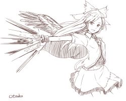 Rule 34 | 1girl, alternate weapon, arm cannon, bow, cape, character name, female focus, greyscale, hair bow, kawashina (momen silicon), long hair, monochrome, outstretched arm, reiuji utsuho, simple background, skirt, smile, solo, third eye, touhou, weapon, white background, wings