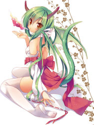 Rule 34 | 1girl, back, bare back, bare shoulders, blush, bow, breath weapon, breathing fire, dragon girl, dragon tail, dragon wings, fire, green hair, horns, japanese clothes, long hair, looking at viewer, miko, monster girl, no shoes, original, sazaki ichiri, single horn, sitting, solo, tabi, tail, thighhighs, wariza, white background, white thighhighs, wings, yellow eyes