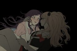 Rule 34 | 2girls, apron, arm around another, arm around waist, bear hair ornament, black background, black shirt, blonde hair, blue skirt, blush, bow, bowtie, breasts, cleavage, closed mouth, collarbone, collared shirt, crossed legs, crying, cuddling, danganronpa: trigger happy havoc, danganronpa (series), danganronpa 2: goodbye despair, ears, enoshima junko, eyebrows, fingernails, grey eyes, hair ornament, hand on another&#039;s cheek, hand on another&#039;s face, hand on another&#039;s head, highres, legs, long hair, looking at another, matching hair/eyes, multiple girls, nail polish, necktie, nose, open mouth, pink skirt, pleated skirt, purple eyes, purple hair, red bow, red nails, red neckwear, red skirt, shirt, short sleeves, simple background, skirt, sweat, sweatdrop, tears, teeth, thighs, tongue, tsumiki mikan, twintails, upper teeth only, white necktie, yuri