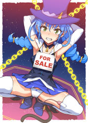 Rule 34 | 1girl, ankle boots, armpits, arms behind head, black shirt, blue cat (precure), blue footwear, blue hair, blue skirt, blush, boots, bound, bound wrists, braid, breasts, cat tail, chain, cleavage, clenched teeth, covered erect nipples, denki showgun, detached collar, dutch angle, elbow gloves, glaring, gloves, green eyes, hat, highres, long hair, looking at viewer, medium breasts, miniskirt, panties, pleated skirt, pointy ears, precure, purple hat, pussy juice, pussy juice drip through clothes, pussy juice puddle, restrained, scowl, sex toy, shirt, sign, sign around neck, skirt, solo, spread legs, squatting, star twinkle precure, tail, teeth, thighhighs, top hat, twin braids, twintails, underwear, v-neck, vibrator, vibrator in thighhighs, vibrator under clothes, vibrator under panties, white gloves, white panties, white thighhighs, yuni (precure)