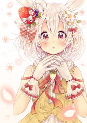 Rule 34 | 1girl, absurdres, animal ears, blush, bow, brown eyes, commentary request, dress, flower, food-themed hair ornament, fork, gloves, hair between eyes, hair bow, hair flower, hair ornament, hands up, highres, looking at viewer, original, own hands together, parted lips, personification, petals, plaid, plaid bow, rabbit ears, red bow, revision, sakura oriko, sleeveless, sleeveless dress, solo, spoon, strawberry hair ornament, upper body, white background, white flower, white gloves, wooden spoon, yellow dress