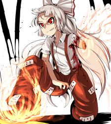 Rule 34 | 1girl, baggy pants, bamboo, bare arms, blood, blood on clothes, bow, bright pupils, collarbone, collared shirt, epic armageddon, fire, floating hair, fujiwara no mokou, full body, grey hair, grin, hair bow, highres, injury, long hair, looking afar, missing limb, ofuda, on one knee, pants, red eyes, red pants, shirt, short sleeves, sidelocks, smile, solo, suspenders, torn clothes, torn sleeves, touhou, v-shaped eyebrows, very long hair, white bow, white pupils, white shirt