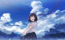 Rule 34 | 1girl, :d, black hair, blue skirt, blue sky, blush, brown hair, closed eyes, cloud, cloudy sky, day, hanako151, open mouth, original, outdoors, pleated skirt, puffy short sleeves, puffy sleeves, school uniform, shirt, short sleeves, skirt, sky, smile, solo, standing, water, wet, wet clothes, wet hair, wet shirt, white shirt, wringing clothes