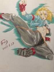 Rule 34 | 1girl, 2023, :o, abs, ass, black gloves, black sports bra, blonde hair, blue eyes, blue jacket, cammy white, clenched hand, clenched teeth, cropped jacket, curvy, dated, flexible, forehead, gloves, hair slicked back, highres, jacket, jumping, kicking, matusri art, pants, scar, scar on face, see-through, see-through pants, sleeves rolled up, sports bra, street fighter, street fighter 6, sweatpants, teeth, thong, toned, traditional media, wide hips, yoga pants