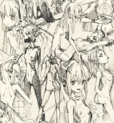 Rule 34 | 2girls, demon girl, flat chest, horns, multiple girls, nipples, nude, original, pointy ears, sketch, tail, toi (number8), traditional media