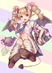 Rule 34 | 1girl, bag, bat (animal), bat wings, blonde hair, bow, bracelet, brown eyes, drill hair, earrings, english text, female focus, full body, hair bow, horns, jewelry, necktie, open mouth, original, pointy ears, school uniform, skirt, skull, smile, solo, tail, twin drills, twintails, tyun, uniform, v, wings