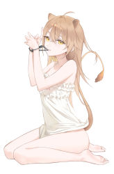 Rule 34 | 1girl, ahoge, animal ears, bad id, bad twitter id, bare arms, bare legs, barefoot, biting, blouse, brown hair, crossed bangs, cuffs, from side, full body, hair between eyes, handcuffs, hands up, highres, indie virtual youtuber, lion ears, lion girl, lion tail, long hair, looking at viewer, rurudo lion, rurudo lion (1st costume), shirt, simple background, sitting, solo, tail, tail raised, uda1224, virtual youtuber, wariza, white background, white shirt, yellow eyes