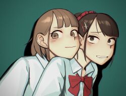 Rule 34 | 2girls, blush, bow, bowtie, brown eyes, brown hair, closed mouth, collared shirt, green background, grin, hair ornament, hairclip, head on another&#039;s shoulder, highres, mecha-jk, mecha-jk&#039;s friend, meikaa, multiple girls, original, red bow, red bowtie, shirt, smile, white shirt