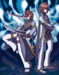 Rule 34 | 2boys, bad id, bad pixiv id, blue background, brown hair, coat, cosplay, dual wielding, full body, hair over one eye, higano shou, holding, kratos aurion, kratos aurion (cosplay), lloyd irving, male focus, multiple boys, official alternate costume, pants, red hair, shoes, sword, tales of (series), tales of symphonia, weapon