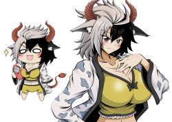 Rule 34 | 1girl, animal ears, babydoll, black hair, breasts, carrying, chibi, commentary request, cow ears, cow horns, cow tail, crop top, fang, grey hair, hand on own chest, hidefu kitayan, highres, horns, large breasts, looking at viewer, o o, open mouth, red eyes, short hair, shorts, smile, sparkle, tail, touhou, ushizaki urumi, white background, yellow shorts