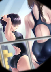 Rule 34 | 2girls, absurdres, adjusting clothes, adjusting hair, adjusting swimsuit, ass, black hair, braid, brown hair, censored, competition swimsuit, hairband, highres, identity censor, long hair, mole, mosaic censoring, mouth hold, multiple girls, one-piece swimsuit, original, ponytail, standing, swimsuit, toumin