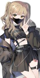 Rule 34 | 1girl, banned artist, black jacket, black shirt, black skirt, blonde hair, breasts, crop top, hand in pocket, hand up, highres, jacket, large breasts, long hair, long sleeves, looking at viewer, mask, midriff, mouth mask, nijisanji, off shoulder, open clothes, open jacket, puffy long sleeves, puffy sleeves, sake dong, shirt, short sleeves, sister claire, skirt, solo, thigh strap, two side up, v, virtual youtuber, yellow eyes