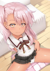 Rule 34 | 1girl, :3, absurdres, black skirt, blouse, blush, chloe von einzbern, closed mouth, commentary request, dark-skinned female, dark skin, eyes visible through hair, fate/kaleid liner prisma illya, fate (series), from above, has bad revision, has downscaled revision, highres, homurahara academy school uniform, long hair, looking at viewer, md5 mismatch, panties, pink hair, red ribbon, resolution mismatch, ribbon, school uniform, shirt, side ponytail, sitting, skirt, smile, solo, source smaller, spread legs, toketou, underwear, white panties, white shirt, yellow eyes
