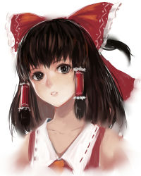 Rule 34 | 1girl, absurdres, bad id, bad pixiv id, black hair, bow, female focus, grey eyes, hair bow, hakurei reimu, highres, parted lips, portrait, short hair, simple background, sola7764, solo, touhou, upper body, white background
