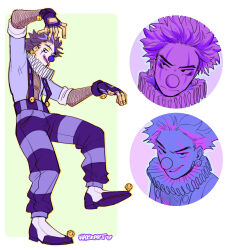 Rule 34 | 1boy, absurdres, alternate costume, arm up, artist name, bell, bell earrings, boku no hero academia, clown, clown nose, commentary, earrings, english commentary, facepaint, fingerless gloves, full body, gloves, habkart, highres, jewelry, looking at viewer, male focus, multiple views, neck ruff, open mouth, pants, purple gloves, purple hair, purple pants, shinsou hitoshi, shoes, short hair, simple background, smile, standing, standing on one leg, striped clothes, striped pants, suspenders, white background