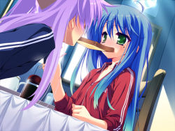 Rule 34 | 00s, 2girls, blue hair, blush, bread slice, eating, food, food in mouth, hiiragi kagami, izumi konata, long hair, lucky star, mole, mole under eye, mouth hold, multiple girls, munyuu, purely (game), sleeves pushed up, third-party edit, toast, toast in mouth