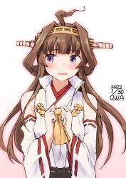 Rule 34 | 1girl, ahoge, artist name, brown hair, commentary request, dated, detached sleeves, double bun, hair bun, hairband, headgear, highres, kantai collection, kongou (kancolle), kongou kai ni (kancolle), long hair, looking to the side, one-hour drawing challenge, owa (ishtail), popped collar, purple eyes, ribbon-trimmed sleeves, ribbon trim, sideways glance, simple background, solo, upper body, white background