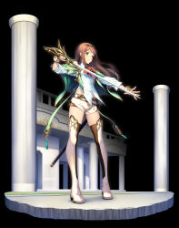 Rule 34 | 1girl, absurdres, arm guards, ascot, bare shoulders, belt, black background, black thighhighs, blush, boots, breasts, brown eyes, cape, closed mouth, full body, gem, grass, green cape, hairband, highres, holding, holding sword, holding weapon, idolmaster, idolmaster million live!, legs apart, long hair, long sleeves, looking at viewer, nanaran, o-ring, off shoulder, pillar, red ascot, scabbard, sheath, shirt, shorts, simple background, small breasts, smile, solo, standing, sword, tanaka kotoha, thighhighs, thighhighs under boots, unsheathed, weapon, white footwear, white shirt, white shorts