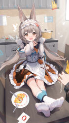 Rule 34 | 1girl, 1other, absurdres, arknights, blue ribbon, carrot, chair, cooking pot, cracking egg, faucet, food, frilled hairband, frills, grey hair, hairband, highres, infection monitor (arknights), knife, no shoes, omelet, open mouth, rabbit, ribbon, sink, sitting, sitting on table, socks, soles, solo focus, spoon, table, warmy (arknights), yellow eyes, zayur