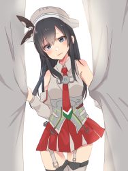 Rule 34 | 1girl, alternate costume, asashio (kancolle), bare shoulders, black hair, blue eyes, breasts, corset, cosplay, curtains, detached sleeves, garter straps, hair ornament, headdress, kantai collection, littorio (kancolle), littorio (kancolle) (cosplay), long hair, looking at viewer, miniskirt, multicolored necktie, neck ribbon, necktie, red neckwear, ribbon, rinto (rint rnt), skirt, small breasts, smile, solo, thighhighs, white thighhighs