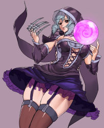 Rule 34 | 1girl, ashiomi masato, black shirt, blouse, breasts, cape, claw (weapon), cleavage, clothing cutout, cross-laced clothes, cross-laced cutout, cross-laced top, detached sleeves, flower, frills, garter straps, hood, large breasts, miniskirt, orb, panties, purple panties, red eyes, rose, shirt, silver hair, simple background, skirt, solo, soul calibur, soulcalibur, soulcalibur v, thick thighs, thighhighs, thighs, underwear, viola (soulcalibur), weapon