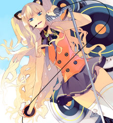 Rule 34 | 1girl, animal ears, bad id, bad pixiv id, bare shoulders, blonde hair, blue eyes, female focus, gradient background, headset, long hair, microphone, microphone stand, open mouth, rozer, seeu, skirt, solo, thighhighs, very long hair, vocaloid, white background, white thighhighs, zettai ryouiki