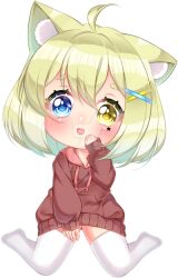 Rule 34 | 1girl, ahoge, animal ear fluff, animal ears, blonde hair, blue eyes, blush, cat ears, commentary, deformed, deviantart logo, english commentary, eyelashes, fang, gift art, hand on own cheek, hand on own face, heterochromia, hood, hood down, hoodie, long sleeves, looking at viewer, marking on cheek, no shoes, nyahallo, open mouth, original, oversized clothes, pink hood, puffy long sleeves, puffy sleeves, red hoodie, red sleeves, short hair, sitting, skin fang, sleeves past wrists, smile, solo, star (symbol), star on cheek, thighhighs, transparent background, wariza, white thighhighs, yellow eyes