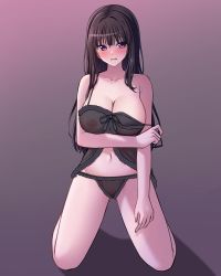 Rule 34 | 1girl, babydoll, bang dream!, bare arms, bare legs, bare shoulders, black babydoll, black hair, black panties, blush, breasts, cleavage, collarbone, commentary request, covered erect nipples, frilled panties, frills, full body, gradient background, grey background, hair between eyes, highres, kneeling, large breasts, long hair, looking at viewer, navel, nipples, panties, parted lips, pink background, ptal, pulling own clothes, purple eyes, raised eyebrows, see-through, shirokane rinko, sidelocks, solo, stomach, strap pull, underwear, underwear only