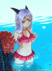 Rule 34 | 1girl, bikini, bikini skirt, blush, dragon quest, dragon quest x, earrings, estella (dq10), estella (dragon quest), eyes visible through hair, flower, frilled bikini, frills, hand on own chest, headpiece, horns, jewelry, long hair, looking at viewer, necklace, pink bikini, pointy ears, pool, red flower, red rose, rose, side-tie bikini bottom, silver hair, smile, solo, swimsuit, ur (wulfa), wading, water, yellow eyes