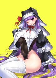 Rule 34 | 1girl, :p, ;p, absurdres, bb (fate), bb (fate/extra), black leotard, blush, breast curtains, breasts, casul, covered navel, fate/extra, fate/extra ccc, fate (series), gloves, habit, hair ribbon, highleg, highleg leotard, highres, large breasts, leotard, long hair, long sleeves, looking at viewer, nun, one eye closed, purple eyes, purple hair, red ribbon, ribbon, sitting, smile, solo, thighhighs, thighs, tongue, tongue out, very long hair, white thighhighs, yellow background