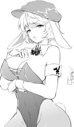 Rule 34 | 2girls, absurdres, animal ears, blush, breasts, cabbie hat, cleavage, detached sleeves, efukei, greyscale, hat, highres, large breasts, leotard, monochrome, multiple girls, open mouth, playboy bunny, rabbit ears, rabbit tail, ringo (touhou), seiran (touhou), simple background, solo focus, strapless, strapless leotard, tail, touhou, white background