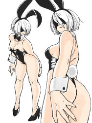 Rule 34 | 1girl, absurdres, android, animal ears, ass, bare shoulders, black blindfold, black footwear, black leotard, blindfold, bow, bowtie, breasts, cleavage, collarbone, commentary request, cuffs, detached collar, fake animal ears, full body, high heels, highres, leotard, medium breasts, mole, mole under mouth, multiple views, nier (series), nier:automata, parted lips, playboy bunny, rabbit ears, rabbit tail, short hair, tail, thighs, toshinoshin, white background, white hair, white tail, 2b (nier:automata)