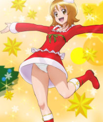 Rule 34 | 10s, 1girl, :d, boots, brown eyes, brown hair, happinesscharge precure!, haruyama kazunori, looking at viewer, oomori yuuko, open mouth, outstretched arms, panties, precure, santa costume, short hair, smile, solo, underwear, white panties