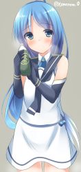 Rule 34 | 1girl, black gloves, blue eyes, blue hair, blush, cowboy shot, dress, elbow gloves, floating hair, gloves, grey background, highres, kantai collection, long hair, looking at viewer, samidare (kancolle), short dress, signature, simple background, sketch, sleeveless, sleeveless dress, smile, solo, standing, sweatdrop, tomoo (tomo), very long hair, white dress