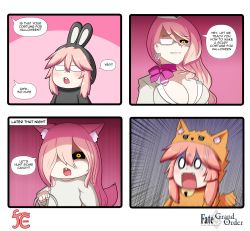 Rule 34 | 3girls, 4koma, animal costume, animal ear fluff, animal ears, artist logo, bell, black sclera, breasts, cat ears, cleavage, colored sclera, comic, commentary, copyright name, earrings, english commentary, english text, evil grin, evil smile, fake animal ears, fangs, fate/grand order, fate (series), fox ears, fox girl, fox tail, garrison cap, glasses, grin, hair between eyes, hair over one eye, halloween bucket, halloween costume, hat, highres, holding, jewelry, jingle bell, keita naruzawa, koyanskaya (fate), koyanskaya (foreigner) (first ascension) (fate), large breasts, long hair, long sleeves, meme, multiple girls, neck bell, one eye covered, open mouth, orange hair, pink hair, pink scarf, scared, scarf, shirt, sidelocks, smile, speech bubble, square 4koma, tail, tamamo (fate), tamamo cat (fate), upper body, white headwear, white shirt, yellow eyes