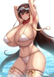 Rule 34 | 1girl, arm behind head, arm up, armpits, bare shoulders, bead necklace, beads, bikini, breasts, bridal gauntlets, brown hair, cleavage, detached sleeves, earrings, fate/grand order, fate (series), grin, hair between eyes, headpiece, highres, hoop earrings, huge breasts, jewelry, kanno takanori, long hair, looking at viewer, navel, necklace, one eye closed, prayer beads, red eyes, smile, solo, swimsuit, thighhighs, thighs, wading, water, wet, white bikini, white thighhighs, xuangzang sanzang (fate)