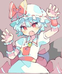 Rule 34 | 1girl, baron (x5qgeh), bat wings, black wings, blush, claw pose, commentary, dress, fang, grey background, hair between eyes, hat, mob cap, open mouth, purple hair, red eyes, remilia scarlet, short hair, short sleeves, simple background, solo, touhou, upper body, white dress, white hat, wings