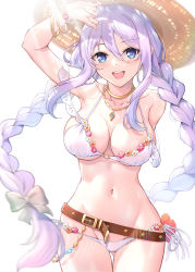 Rule 34 | 1girl, absurdres, bikini, blue eyes, blush, braid, breasts, hair between eyes, hat, highres, large breasts, long hair, looking at viewer, micro bikini, o-ring, o-ring bikini, open mouth, princess connect!, shizuru (princess connect!), shizuru (summer) (princess connect!), side-tie bikini bottom, simple background, solo, swimsuit, twin braids, very long hair, white background, white bikini, xin (zinc)