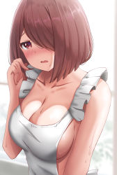 Rule 34 | 1girl, absurdres, apron, blush, breasts, brown hair, cleavage, collarbone, embarrassed, frilled apron, frills, hair over one eye, twirling hair, highres, hoshino miyako (wataten), large breasts, looking at viewer, naked apron, open mouth, poa mellhen, red eyes, short hair, sideboob, simple background, solo, upper body, watashi ni tenshi ga maiorita!, white apron, white background