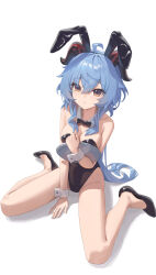 Rule 34 | 1girl, absurdres, ahoge, alternate costume, animal ears, bare legs, black footwear, black leotard, blue hair, breasts, brown eyes, cleavage, commentary, fake animal ears, ganyu (genshin impact), genshin impact, groin, hair between eyes, highres, holding, holding tray, horns, leotard, llami 0, long hair, looking at viewer, parted lips, rabbit ears, shoes, simple background, solo, strapless, strapless leotard, tray, very long hair, white background