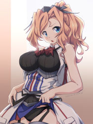 Rule 34 | 1girl, 547th sy, ascot, black panties, black thighhighs, blonde hair, blue dress, blue eyes, breast pocket, breasts, cowboy shot, crop top, dated, dress, drill hair, gradient background, highres, honolulu (kancolle), kantai collection, large breasts, long hair, military, military uniform, overskirt, panties, pink background, pleated dress, pocket, red ascot, sleeveless, sleeveless jacket, solo, thighhighs, twin drills, twintails, underwear, uniform