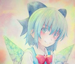 Rule 34 | 1girl, blue eyes, blue hair, bow, cirno, hair bow, ice, ice wings, matching hair/eyes, painting (medium), smile, solo, touhou, traditional media, watercolor (medium), wings, yuyu (00365676)