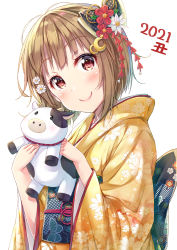 Rule 34 | 1girl, animal, arms up, blush, brown hair, chinese zodiac, closed mouth, commentary request, cow, floral print, flower, hair flower, hair ornament, head tilt, holding, holding animal, japanese clothes, kimono, long sleeves, looking at viewer, love live!, love live! nijigasaki high school idol club, love live! school idol festival all stars, nakasu kasumi, new year, obi, print kimono, red eyes, red flower, sash, short hair, simple background, smile, solo, tomo wakui, upper body, white background, white flower, wide sleeves, yellow kimono