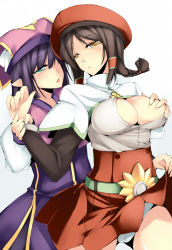 Rule 34 | 2girls, bad id, bad pixiv id, belt, blush, braid, grabbing another&#039;s breast, breasts squeezed together, breasts, brown eyes, brown hair, cameltoe, capcom, cleavage, clothes lift, dean (momodean), grabbing, green eyes, groping, guild sweetheart, hair ornament, hat, highres, konaha (monster hunter), large breasts, miniskirt, monster hunter, monster hunter (series), monster hunter 3, monster hunter portable 3rd, multiple girls, open mouth, panties, pointy ears, skirt, underwear, white panties, yuri